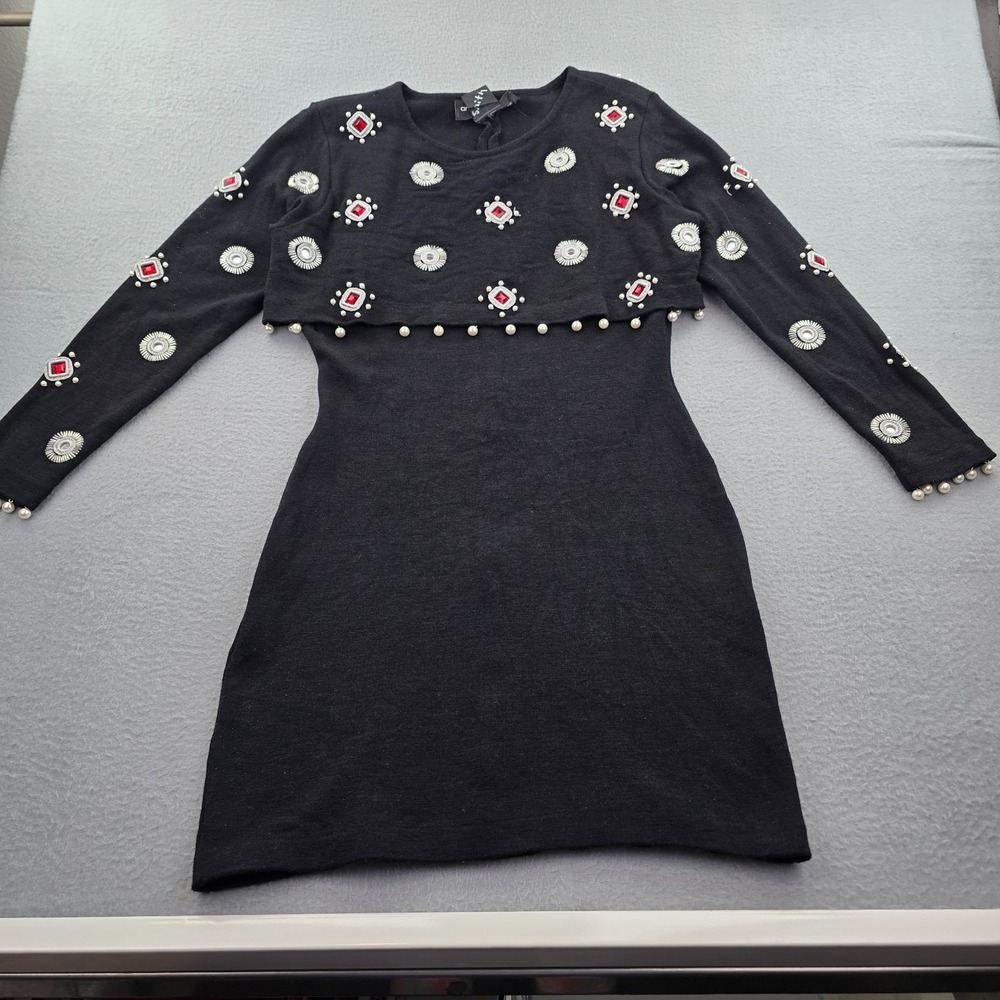 Andrea Jovine Sweater Dress Womens Medium Black Wool Tight Knit Rib Embellished